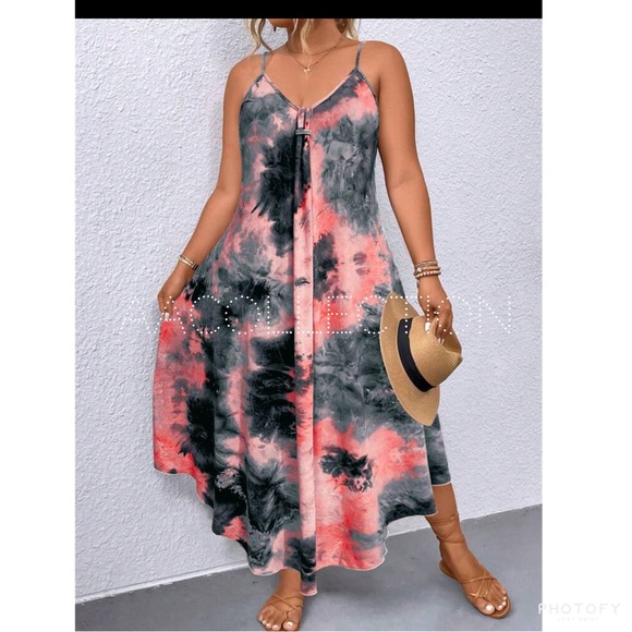 Boho Plus Size Tie Dye Ombre Print Asymmetrical Hem Cami Tank Top Maxi Dress - Picture 4 of 7